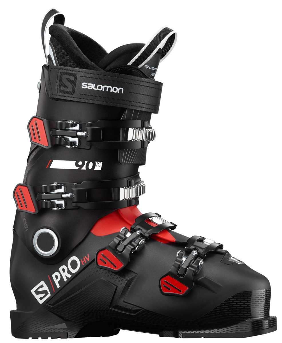 Salomon S-Pro HV 90 IC Ski Boots 2020-2021 - Black ski boots with silver buckles and straps.
