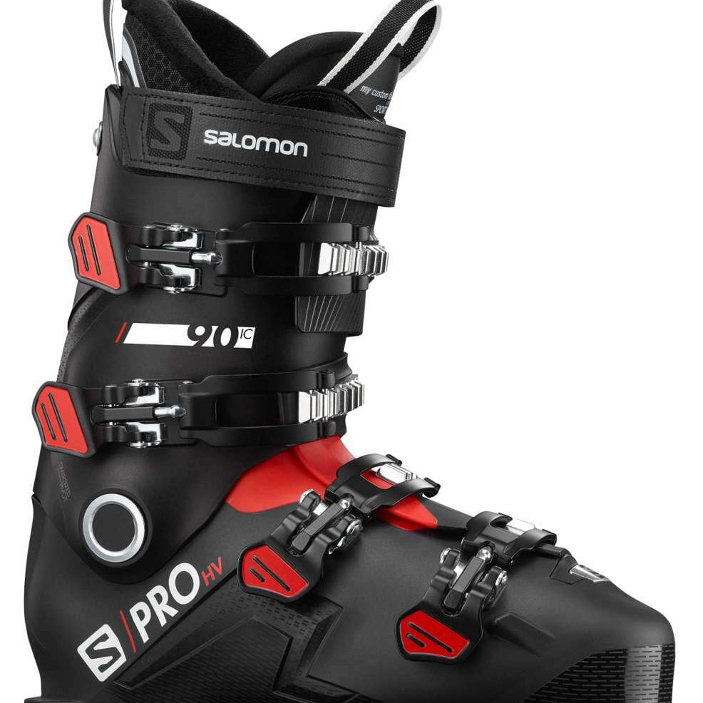 Salomon S-Pro HV 90 IC Ski Boots 2020-2021 - Black ski boots with silver buckles and straps.