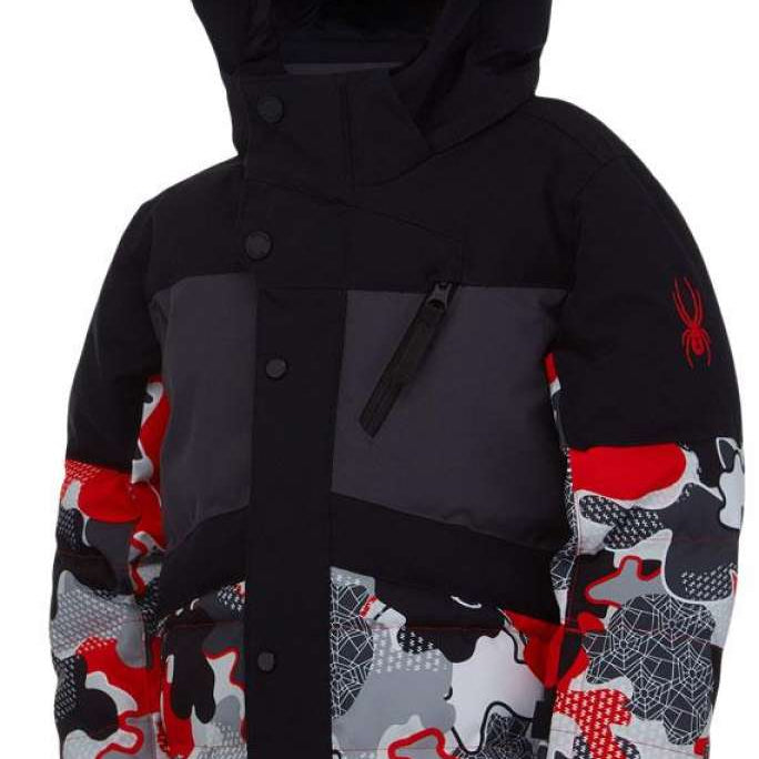 Spyder Boys Mini Trick Synthetic Down Jacket 2022 - A black jacket with a red and gray abstract pattern on the sleeves, featuring a hood and two zippered pockets.