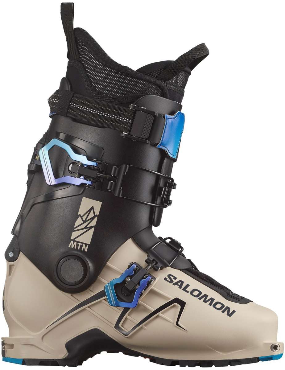 Salomon S/Lab MTN Ski Boots 2024 - Black ski boots with a blue logo on the side and silver buckles.