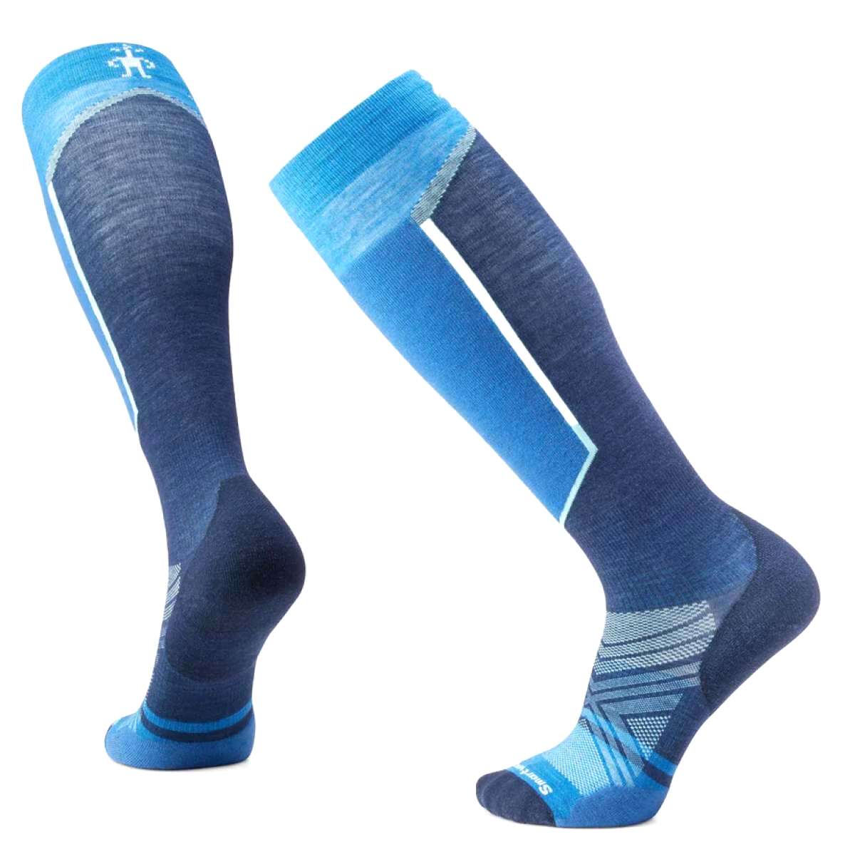 Smartwool Target Cushion Over the Calf Socks 2022-2023 - A pair of dark blue over-the-calf socks with a white logo on top and light blue accents.