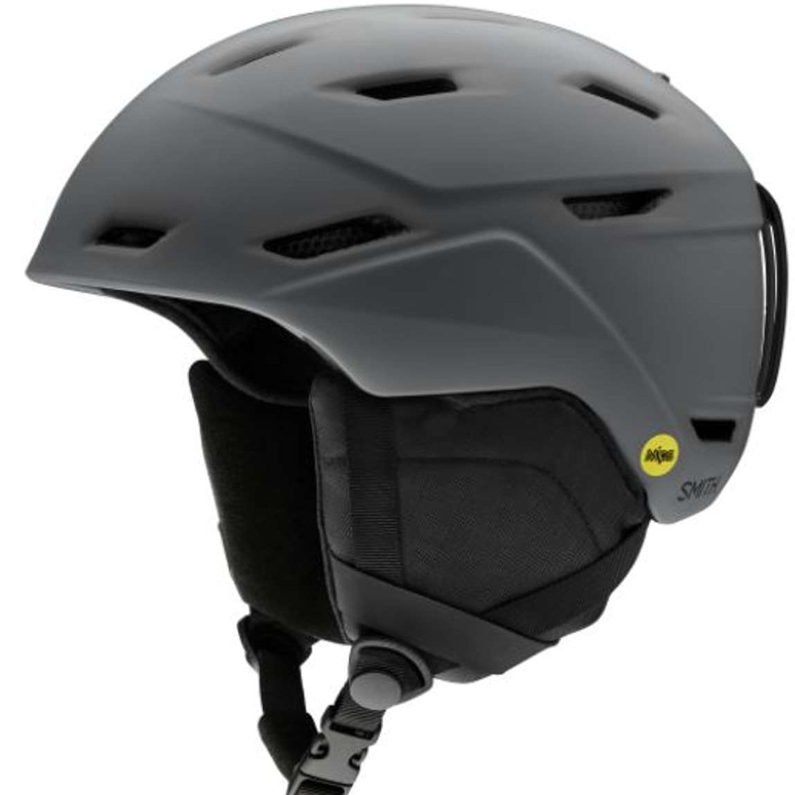 Smith Mission Mips Helmet 2023 - A matte black helmet with a white logo on the front and ventilation holes along the top.