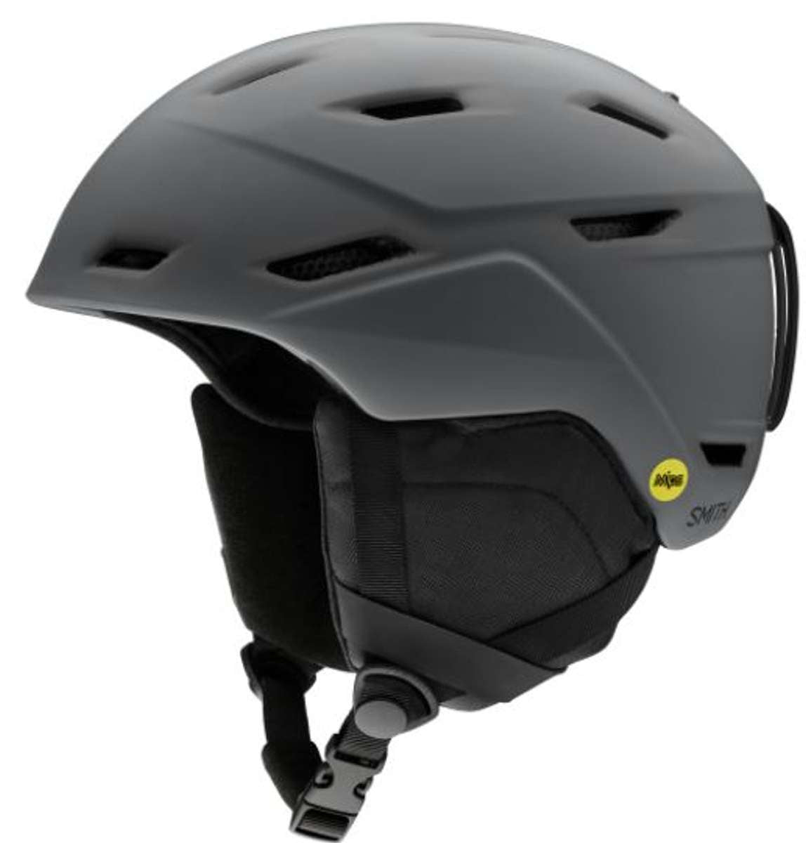 Smith Mission Mips Helmet 2023 - A matte black helmet with a white logo on the front and ventilation holes along the top.
