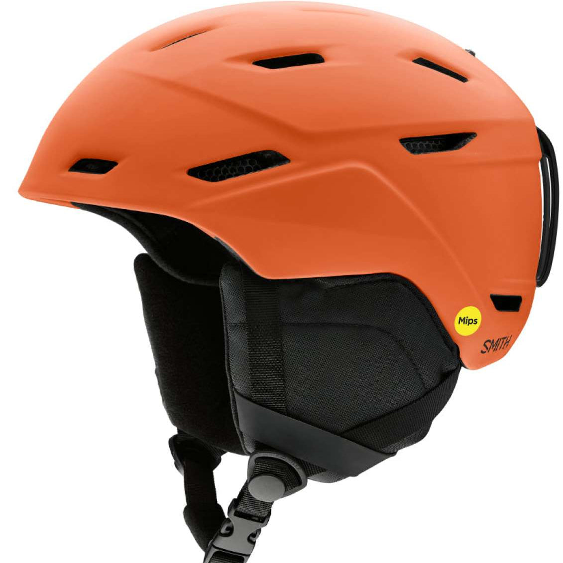 Smith Mission Mips Helmet 2023 - A matte black helmet with a white logo on the side and a chin strap.