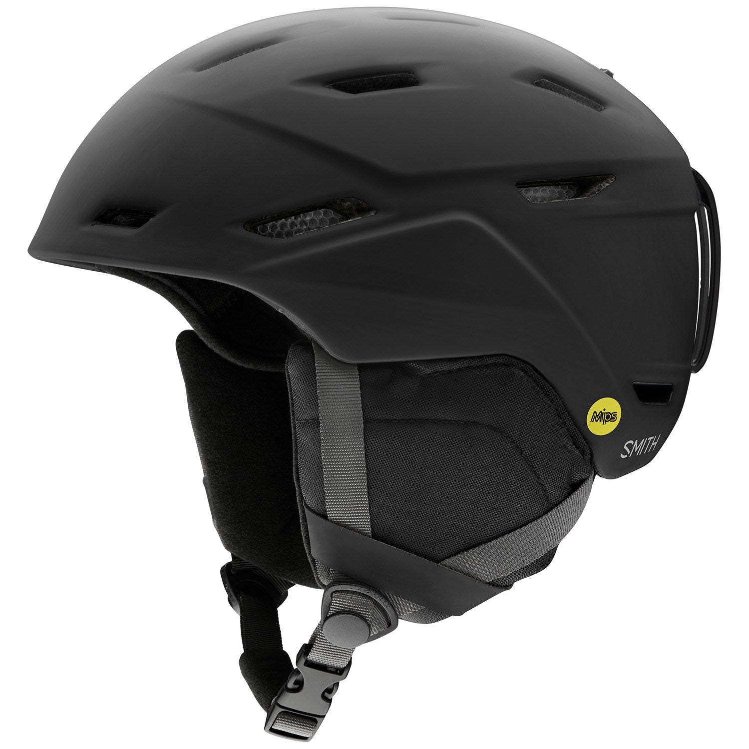 Smith Mission Mips Helmet 2023 - Matte black helmet with a white logo on the side and a yellow MIPS tag on the back.