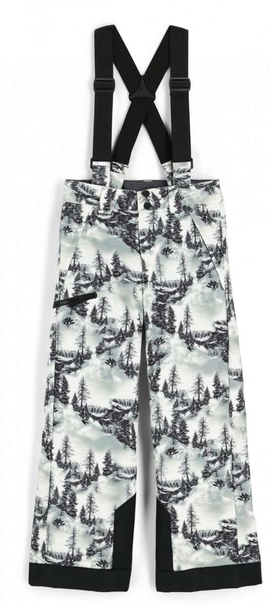 Spyder Boys Propulsion Insulated Pant - White snow pants with black trees and mountains printed all over, featuring a black waistband and black straps on the back.