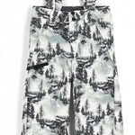 Spyder Boys Propulsion Insulated Pant - White snow pants with black trees and mountains printed all over, featuring a black waistband and black straps on the back.