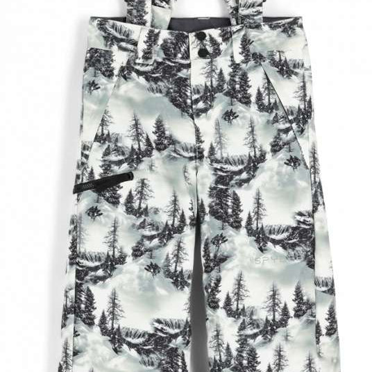 Spyder Boys Propulsion Insulated Pant - White snow pants with black trees and mountains printed all over, featuring a black waistband and black straps on the back.