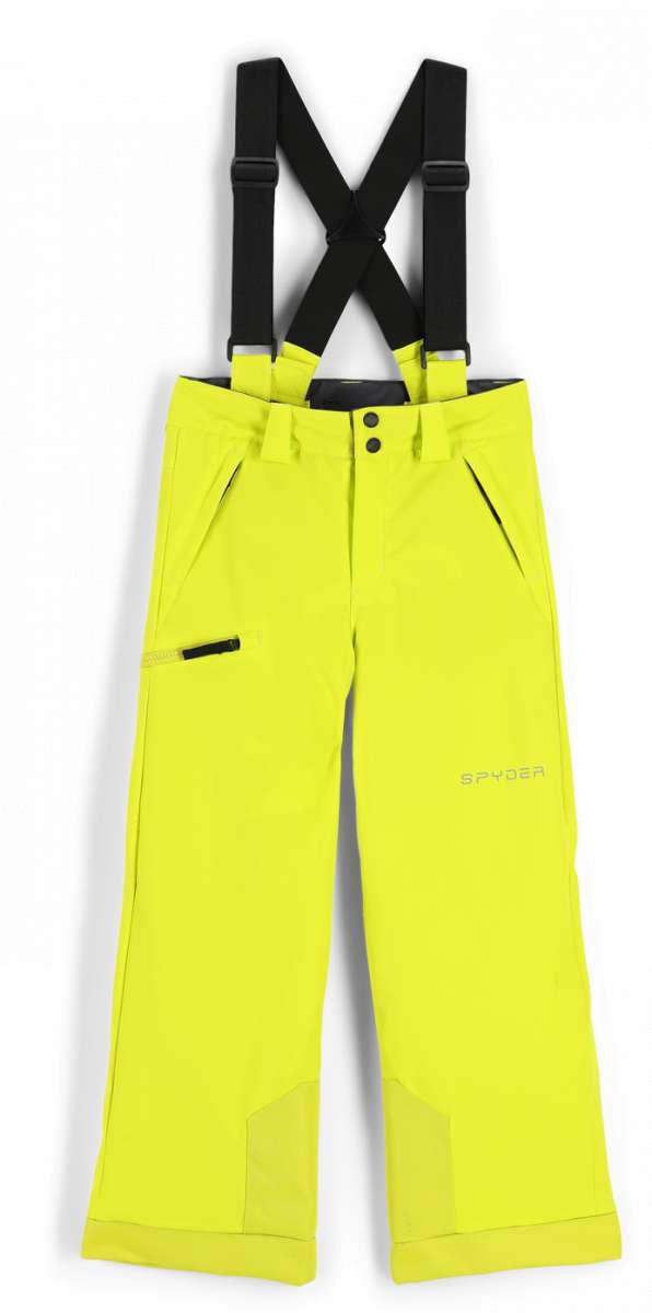 Spyder Boys Propulsion Insulated Pant 2023 - Bright yellow snow pants with adjustable black suspenders and two zippered pockets on the side.
