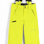 Spyder Boys Propulsion Insulated Pant 2023 - Bright yellow snow pants with adjustable black suspenders and two zippered pockets on the side.