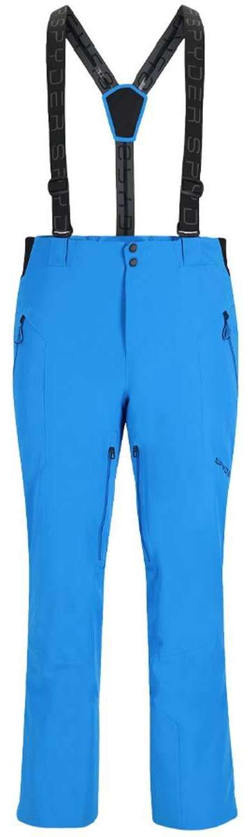 Spyder Bormio GORE-TEX Insulated Pant 2023 - A pair of sky blue ski pants with a black logo on the left thigh and adjustable straps at the waist.