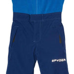 Spyder Boys Mini Expedition Pant 2023 - A blue snowsuit with a zipper down the front and two zippered pockets on either side.