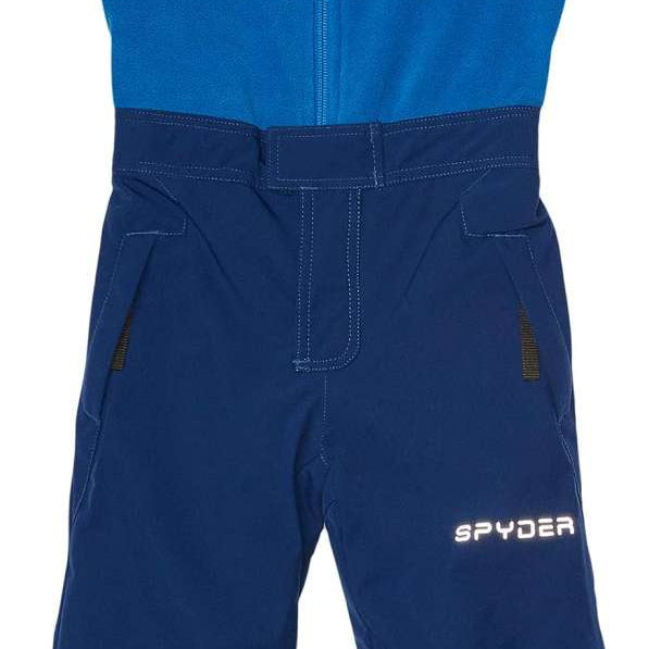 Spyder Boys Mini Expedition Pant 2023 - A blue snowsuit with a zipper down the front and two zippered pockets on either side.