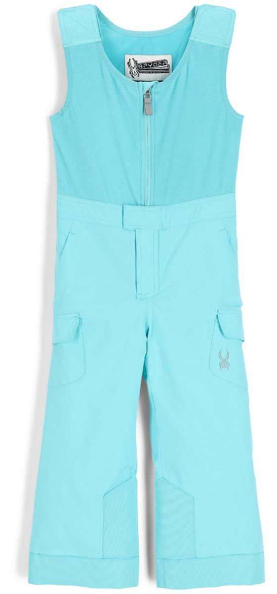 Spyder Girls Bitsy Sparkle Pant 2023 - A pair of light blue snow pants with sparkly silver glitter accents on the sides and back pockets.