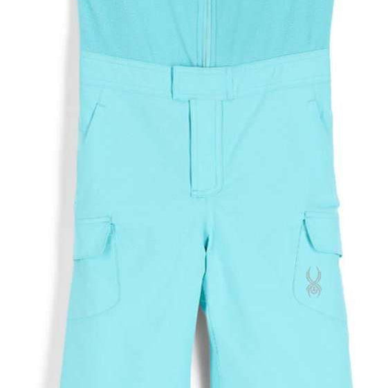 Spyder Girls Bitsy Sparkle Pant 2023 - A pair of light blue snow pants with sparkly silver glitter accents on the sides and back pockets.