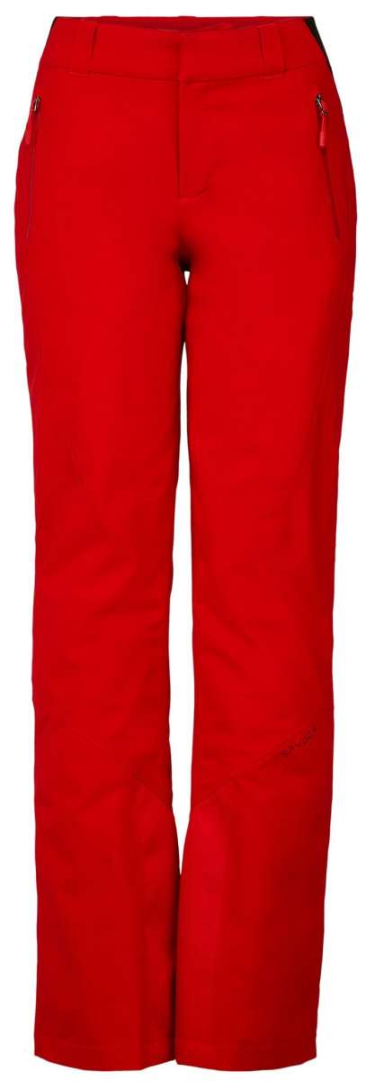 Spyder Ladies Winner GORE-TEX Insulated Pants 2023 - A pair of red ski pants with a black waistband and two zippered pockets on either side.