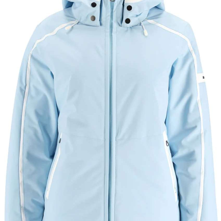 Spyder Women's Optimist Insulated Jacket 2023 - A light blue jacket with white trim and a hood, featuring two zippered pockets on either side.