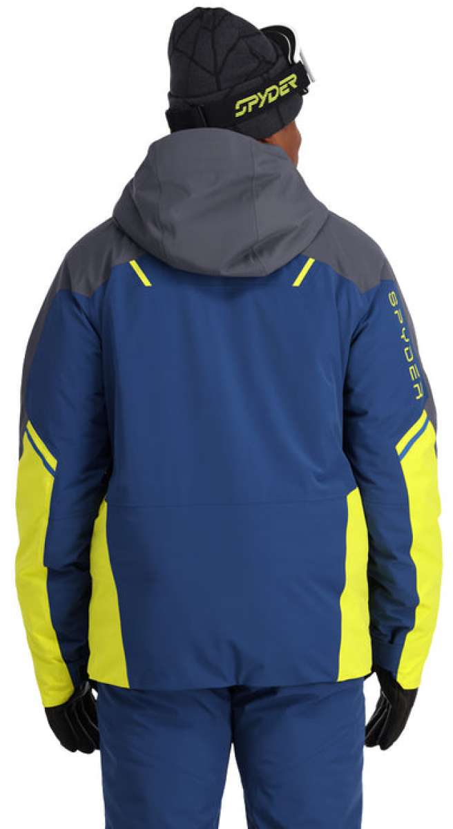 Spyder Vanqysh Insulated Jacket 2023 - A navy blue jacket with yellow accents and a gray hood.