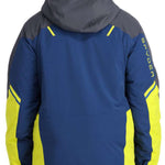 Spyder Vanqysh Insulated Jacket 2023 - A navy blue jacket with yellow accents and a gray hood.