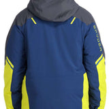 Spyder Vanqysh Insulated Jacket 2023 - A navy blue jacket with yellow accents and a gray hood.