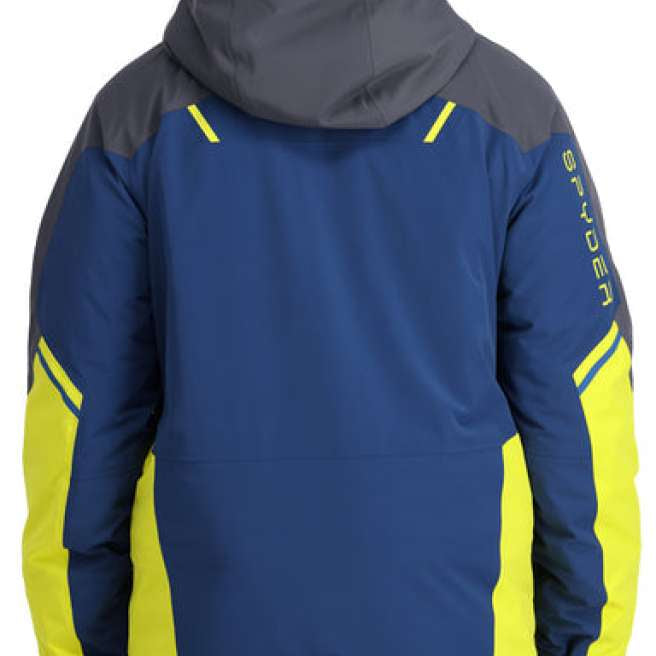 Spyder Vanqysh Insulated Jacket 2023 - A navy blue jacket with yellow accents and a gray hood.