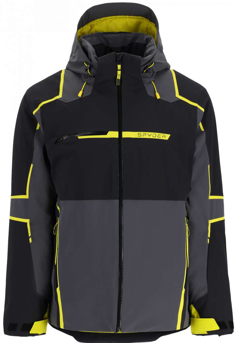 Spyder Titan GORE-TEX Insulated Jacket 2023 - A black jacket with yellow accents and a hood, featuring a prominent "SPYDER" logo on the chest.