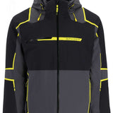 Spyder Titan GORE-TEX Insulated Jacket 2023 - A black jacket with yellow accents and a hood, featuring a prominent "SPYDER" logo on the chest.
