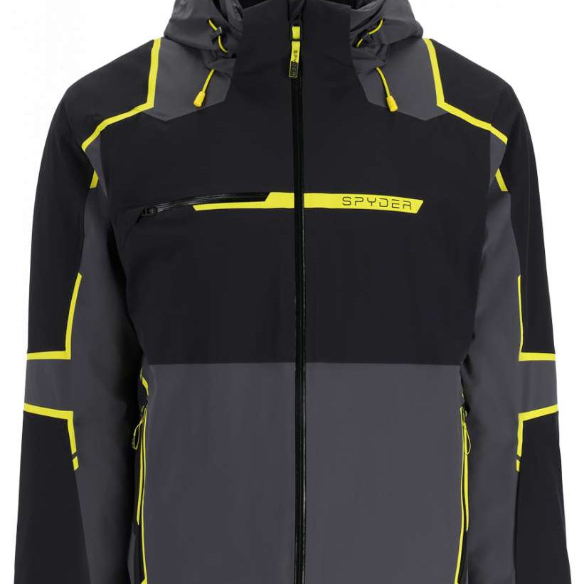 Spyder Titan GORE-TEX Insulated Jacket 2023 - A black jacket with yellow accents and a hood, featuring a prominent "SPYDER" logo on the chest.