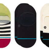 Stance Ladies' Absolute 3 Pack Socks - Three pairs of socks in a box, with one pair featuring a grey and white striped pattern, another with a solid light blue color, and the third with a solid dark blue color.