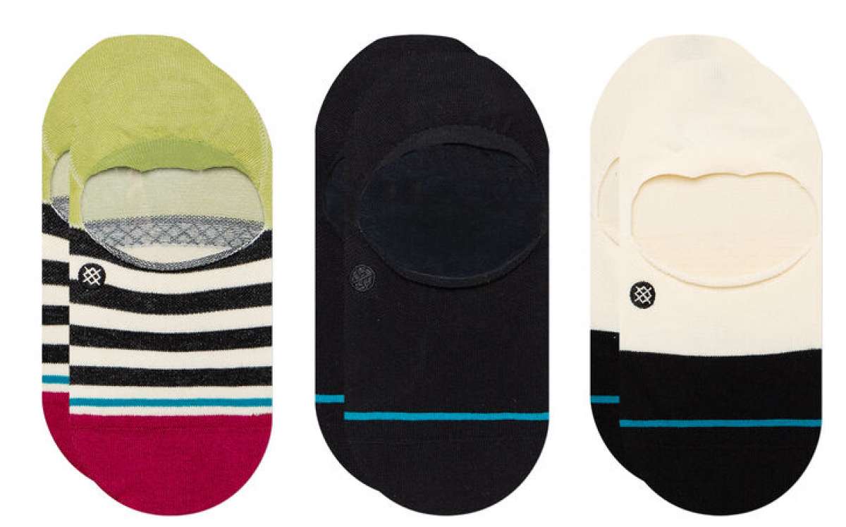 Stance Ladies' Absolute 3 Pack Socks - Three pairs of socks in a box, with one pair featuring a grey and white striped pattern, another with a solid light blue color, and the third with a solid dark blue color.