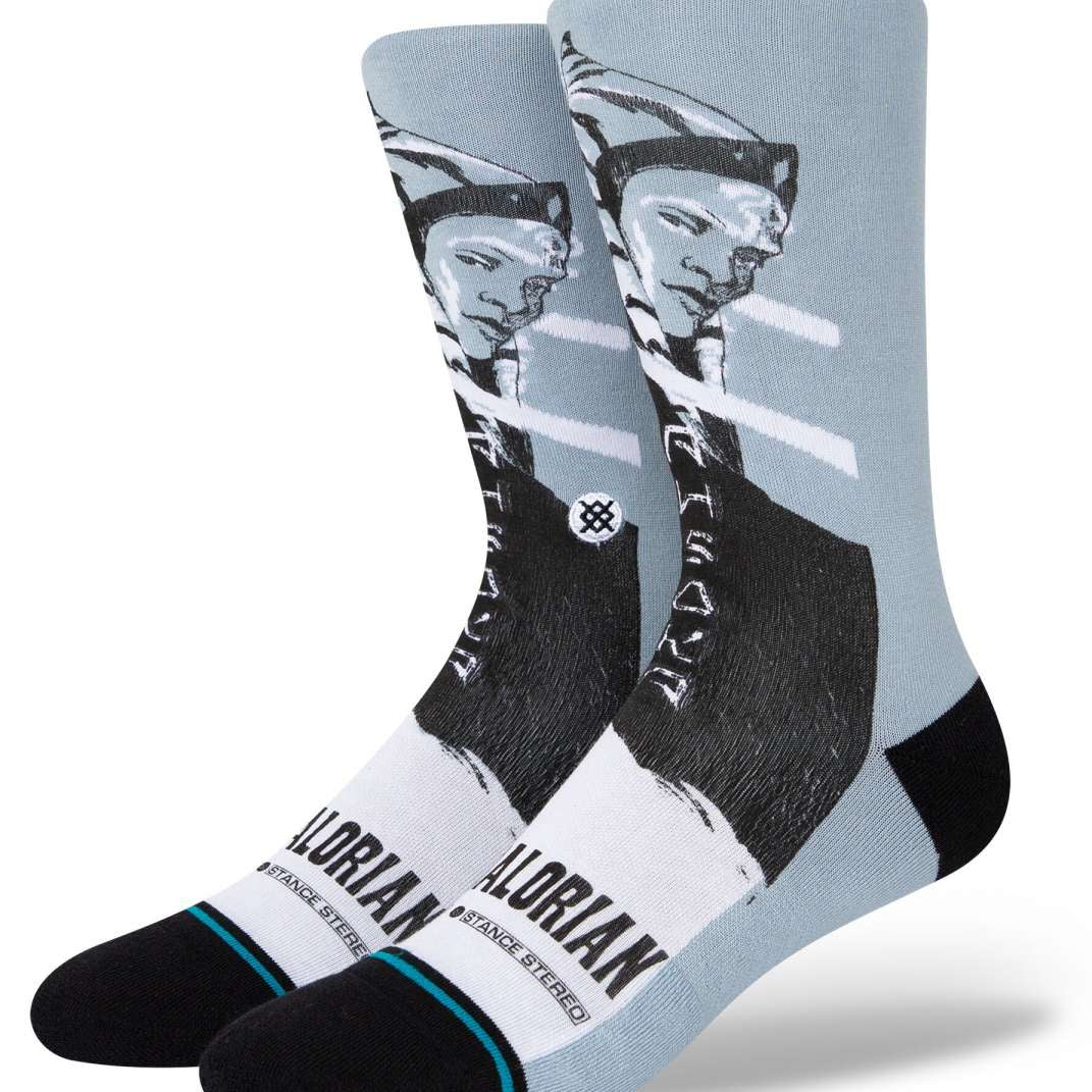 Stance Ahsoka West Crew Socks 2023 - White socks with a black and white image of Ahsoka Tano from Star Wars.