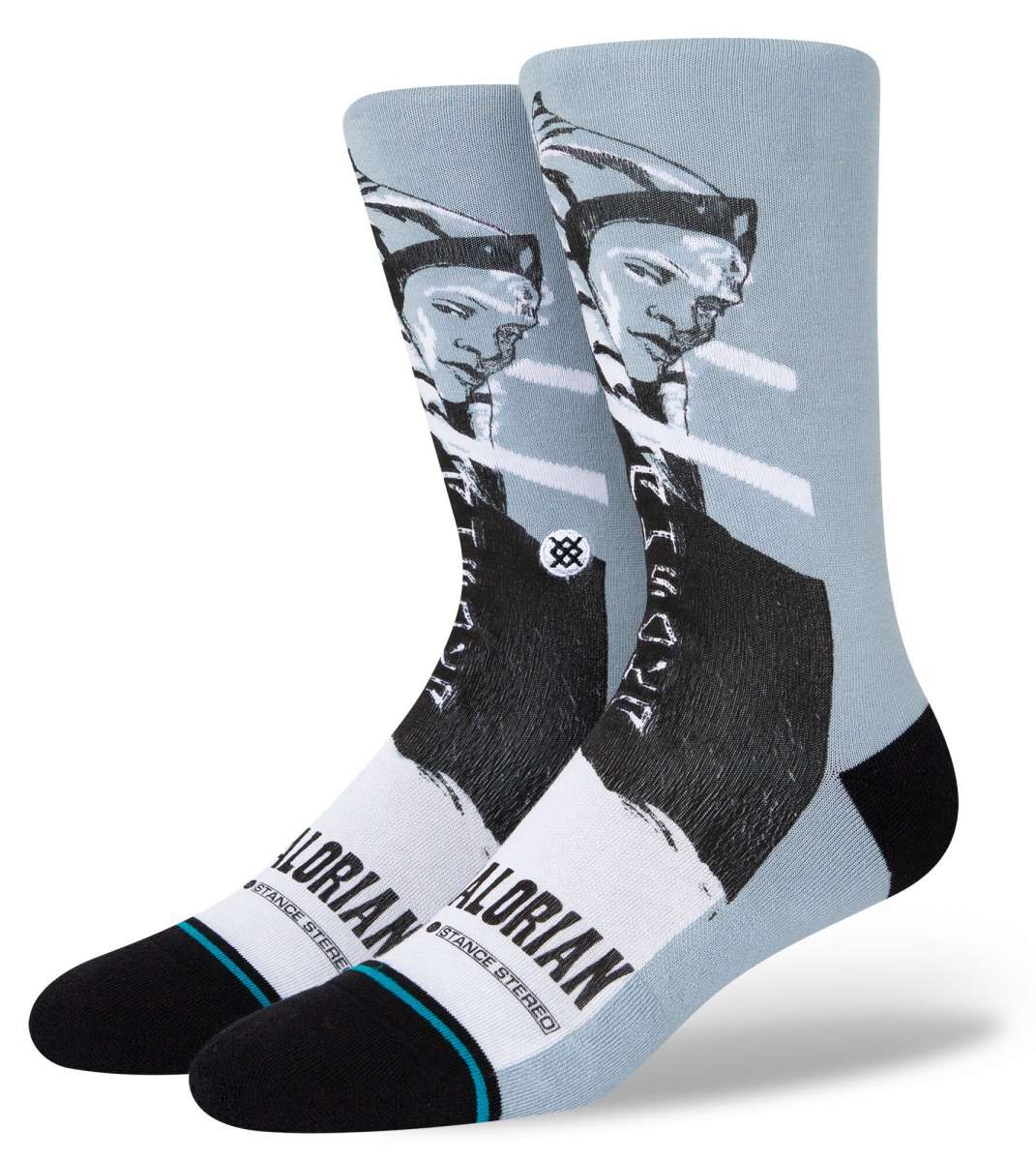 Stance Ahsoka West Crew Socks 2023 - White socks with a black and white image of Ahsoka Tano from Star Wars.