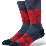 Stance Assurance Crew Cut Socks 2023 - A pair of red and navy crew socks with a repeating pattern of dark blue lines.