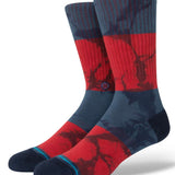 Stance Assurance Crew Cut Socks 2023 - A pair of red and navy crew socks with a repeating pattern of dark blue lines.
