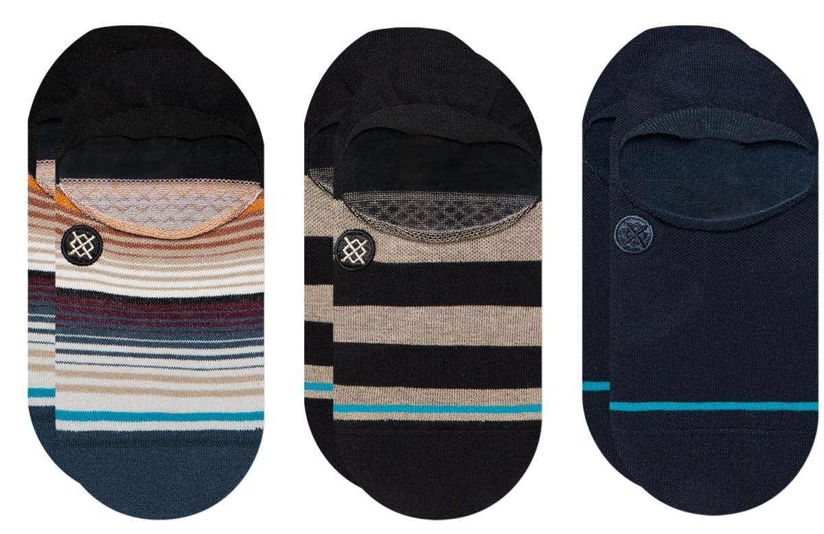 Stance No Show Current 3 Pack 2023 - Three pairs of no-show socks in various shades of gray and white stripes.
