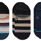 Stance No Show Current 3 Pack 2023 - Three pairs of no-show socks in various shades of gray and white stripes.