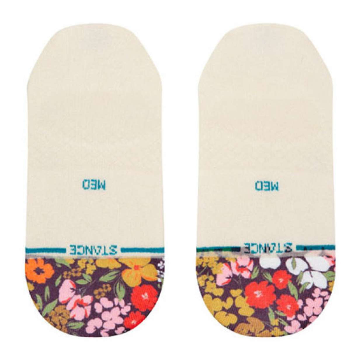 Stance Ladies' Ditz No Show Socks 2023 - Floral patterned ankle socks with pink, yellow, and white flowers on a dark purple background.