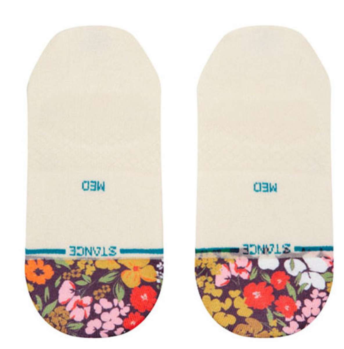 Stance Ladies' Ditz No Show Socks 2023 - Floral patterned ankle socks with pink, yellow, and white flowers on a dark purple background.