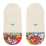 Stance Ladies' Ditz No Show Socks 2023 - Floral patterned ankle socks with pink, yellow, and white flowers on a dark purple background.