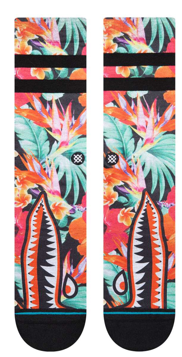 Stance Dorian Crew Cut Socks 2023 - A pair of crew cut socks with a tropical floral pattern in shades of pink, green, and orange on a black background.