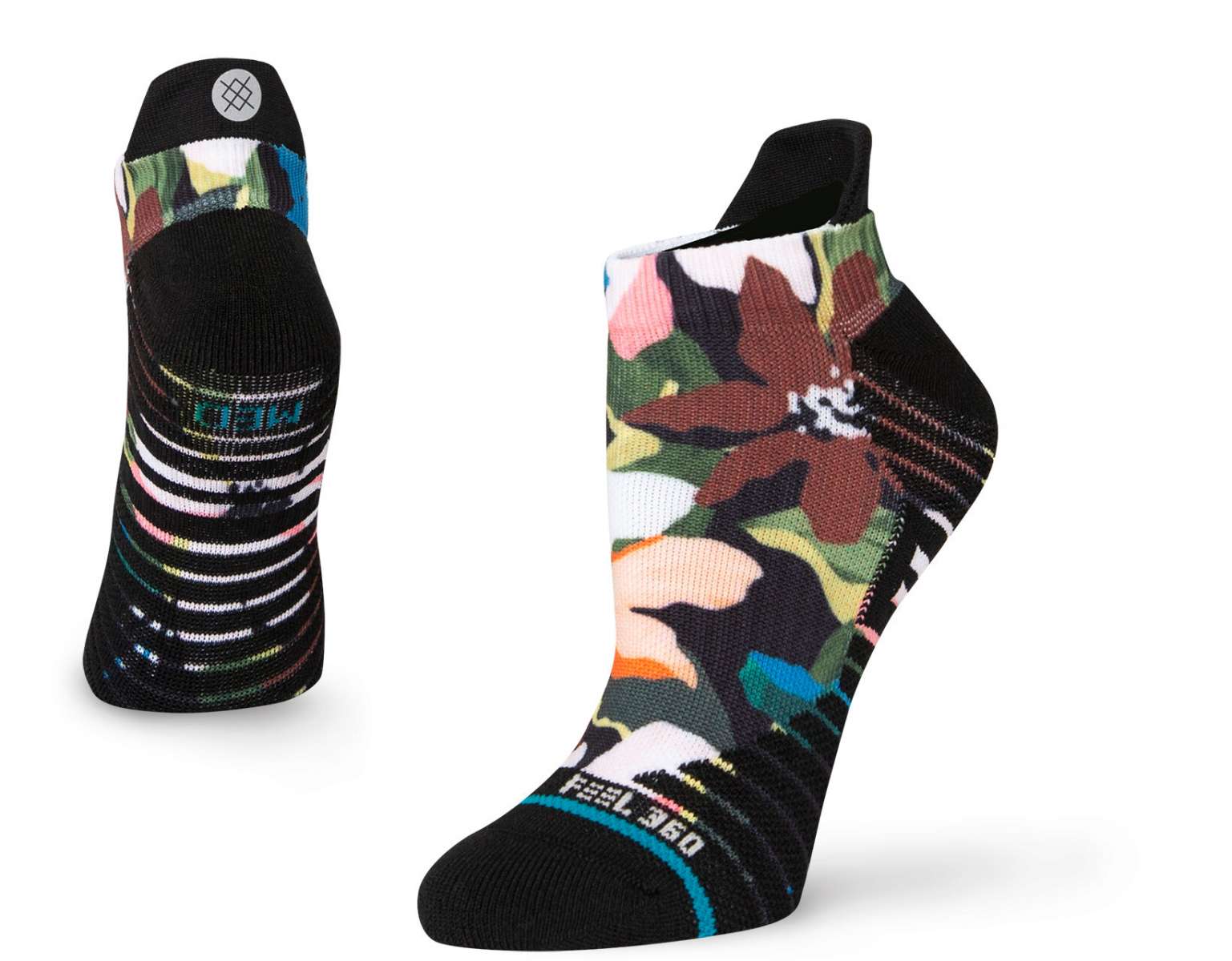 Stance Ladies Expanse Tab Low Cut Socks - Floral patterned socks with green, pink, and brown flowers on a white background.