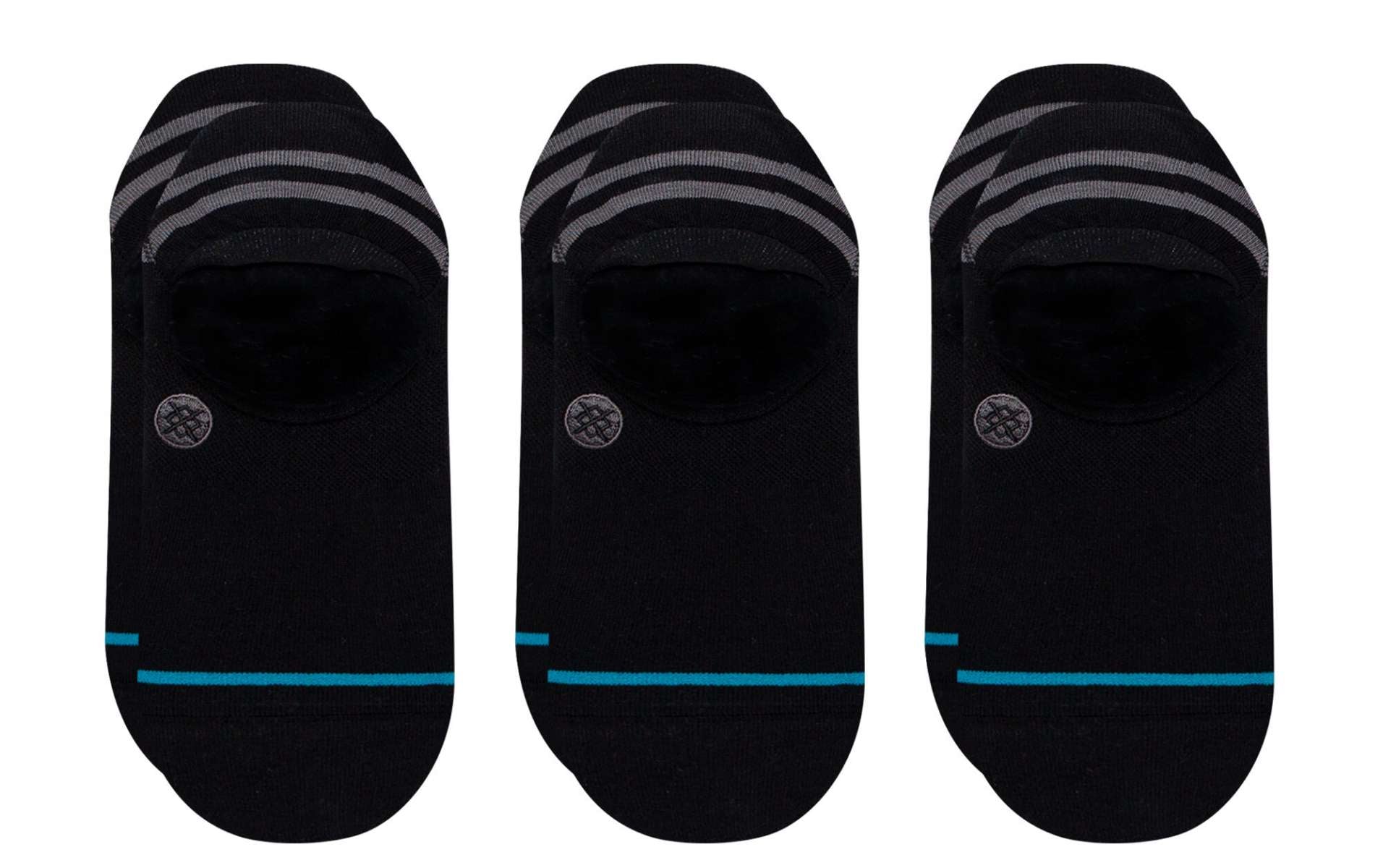 Stance Gamut 2 No Show 3 Pack Socks - Black socks with gray stripes and a circular logo on the ankle area.