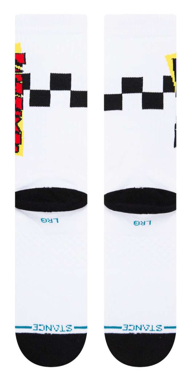 Stance Gnarly Crew Socks 2023 - White socks with a black and red checkered pattern on the left side.