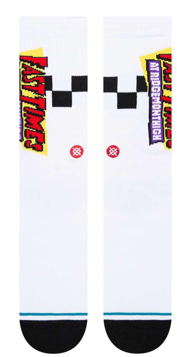 Stance Gnarly Crew Socks 2023 - White crew socks with red and yellow "GNARLY" lettering on the top of each foot.
