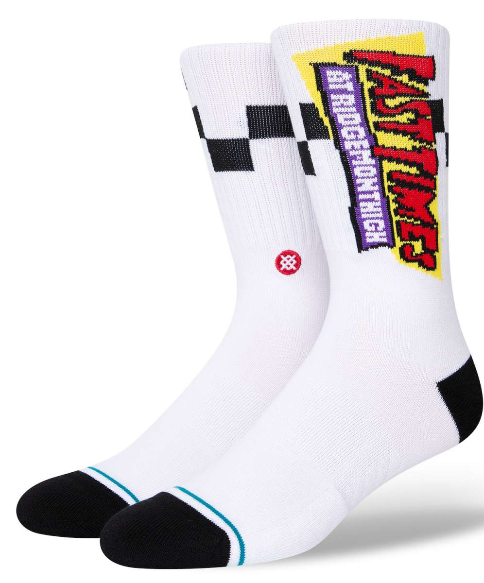 Stance Gnarly Crew Socks 2023 - White crew socks with black and red checkered pattern on top of foot.