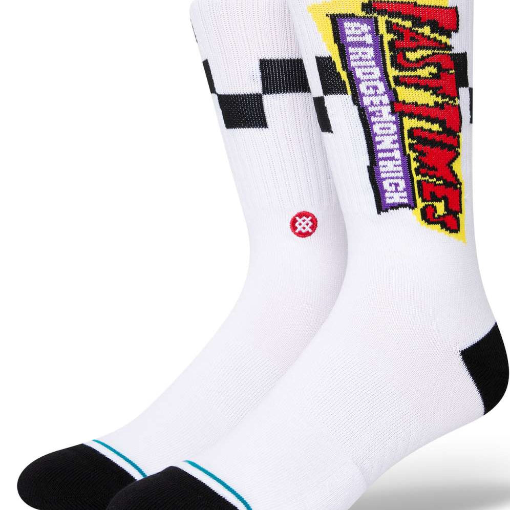 Stance Gnarly Crew Socks 2023 - White crew socks with black and red checkered pattern on top of foot.