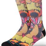 Stance Gooey Crew Socks 2023 - A pair of crew socks with a colorful, abstract design featuring shades of orange, pink, and yellow.