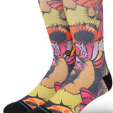 Stance Gooey Crew Socks 2023 - A pair of crew socks with a colorful, abstract design featuring shades of orange, pink, and yellow.
