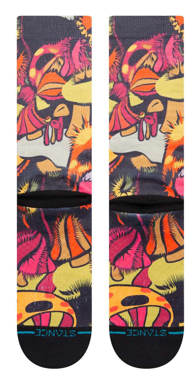 Stance Gooey Crew Socks 2023 - A pair of crew socks with a colorful, abstract design featuring pink, orange, yellow and green shapes on a black background.