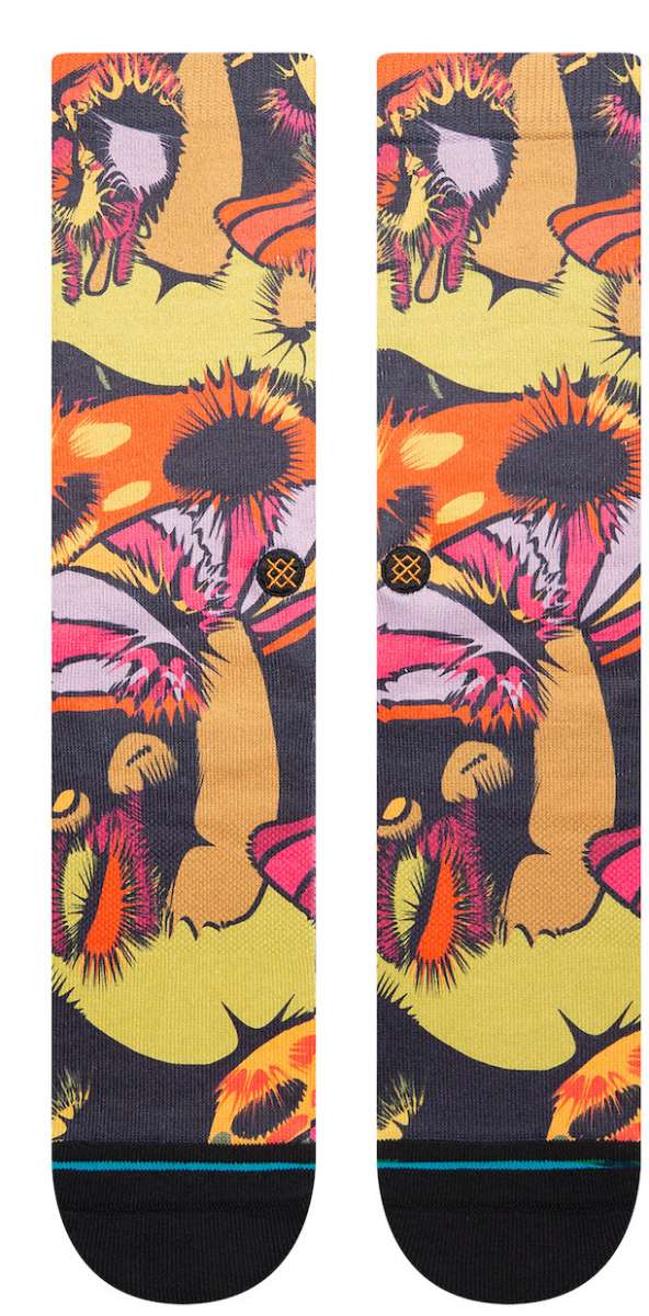 Stance Gooey Crew Socks 2023 - A pair of crew socks with a colorful, abstract design featuring pink, orange, yellow and black colors.